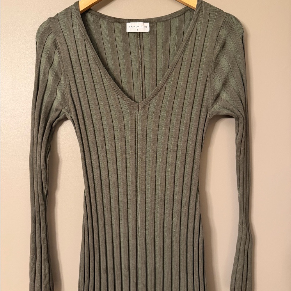 Long Sleeve Ribbed Knit Dress - Olive - Picture 4 of 8